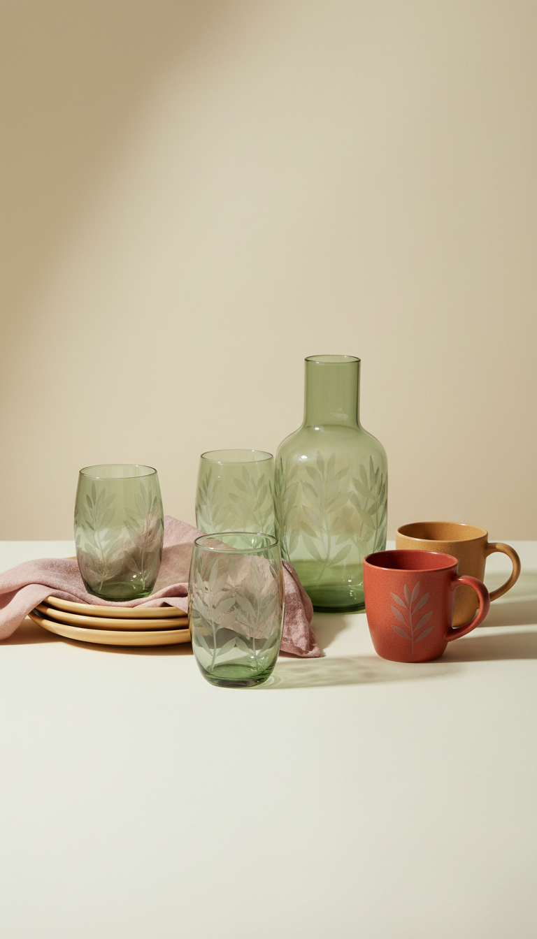 Glass Tumbler Set with Olive Leaf Motif