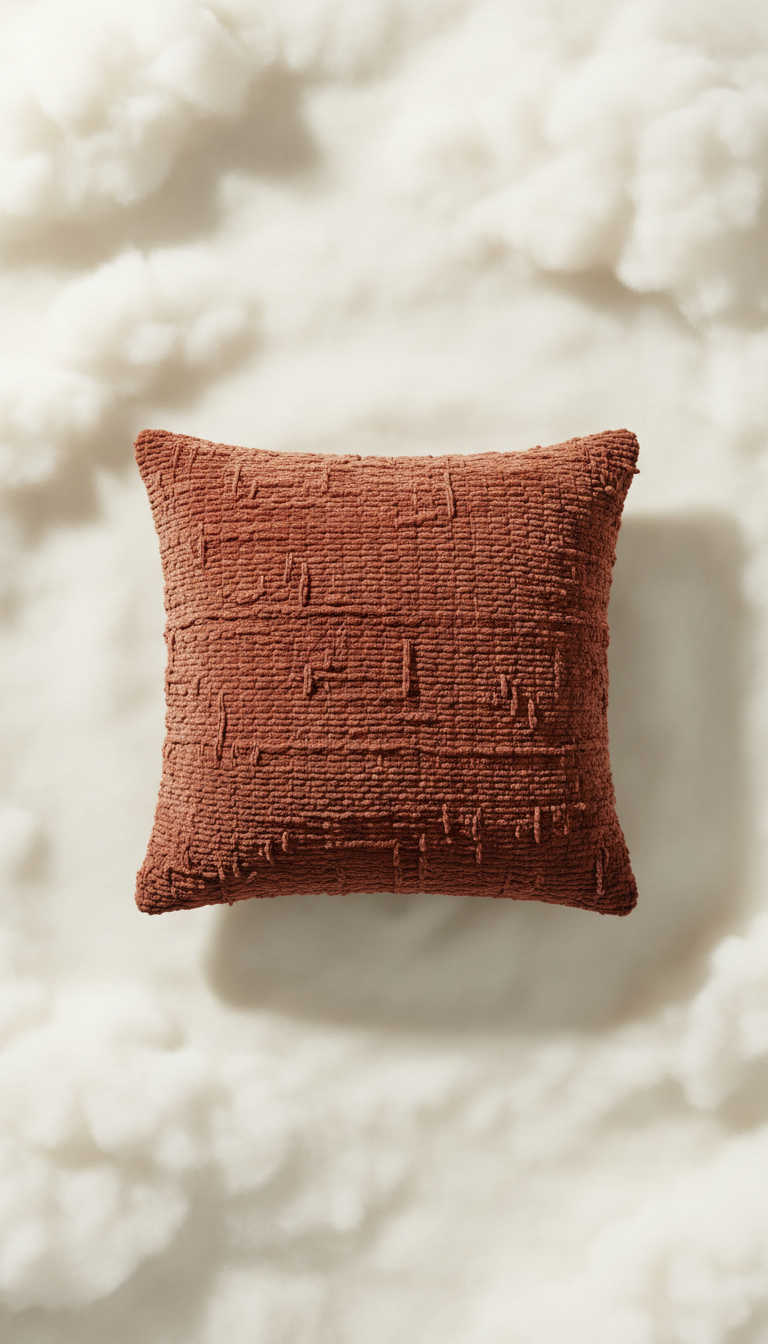 Terracotta throw pillow with a textured weave on a soft white backdrop