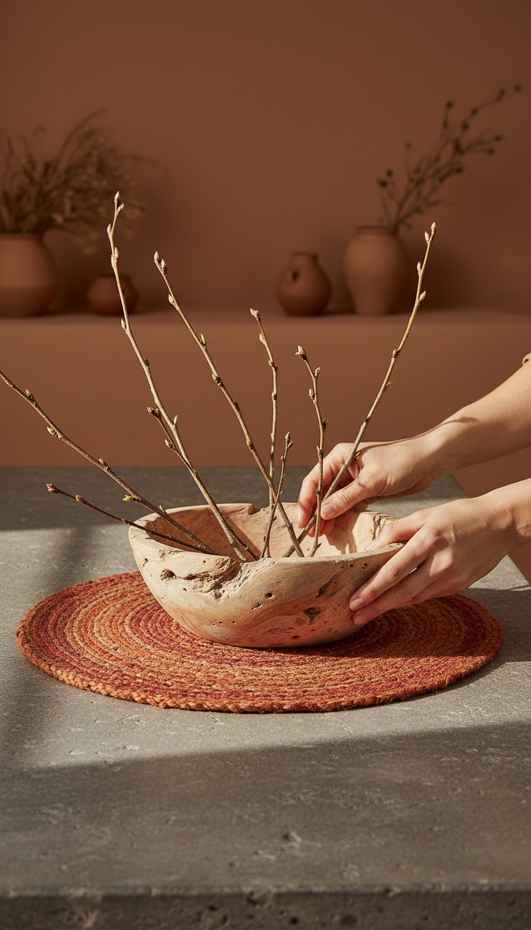 A clay bowl with bare branches on a woven terracotta placemat