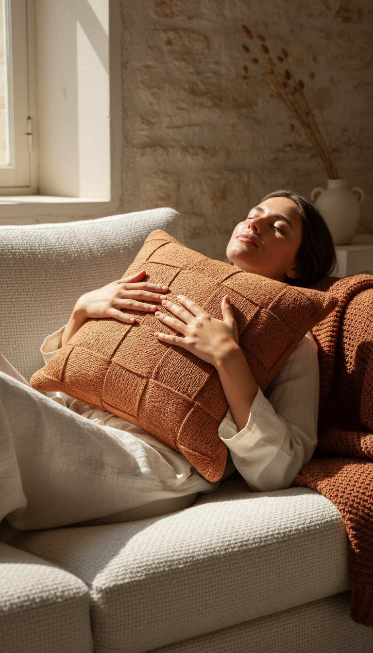 A handcrafted terracotta cushion styled on a sofa