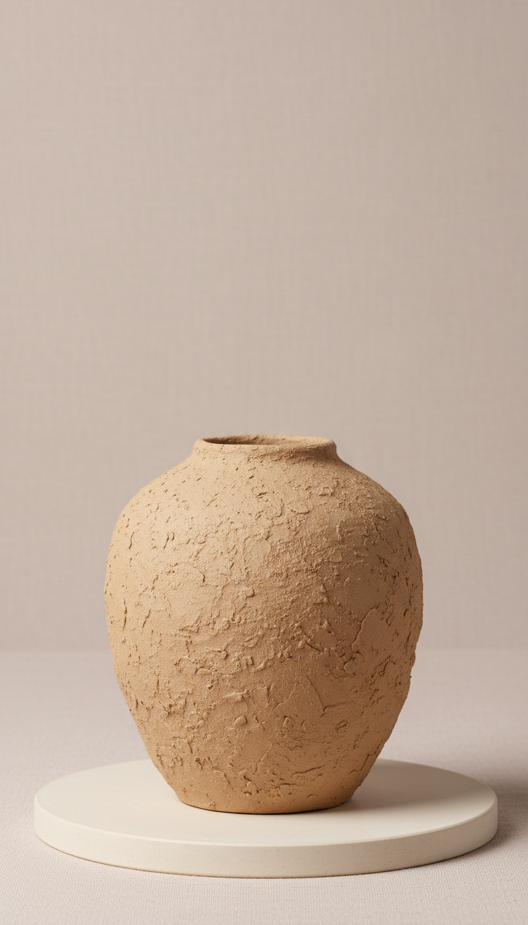 Honey clay ceramic vessel on a round plinth