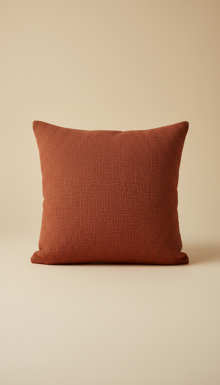 Terracotta throw pillow on a sand-coloured backdrop