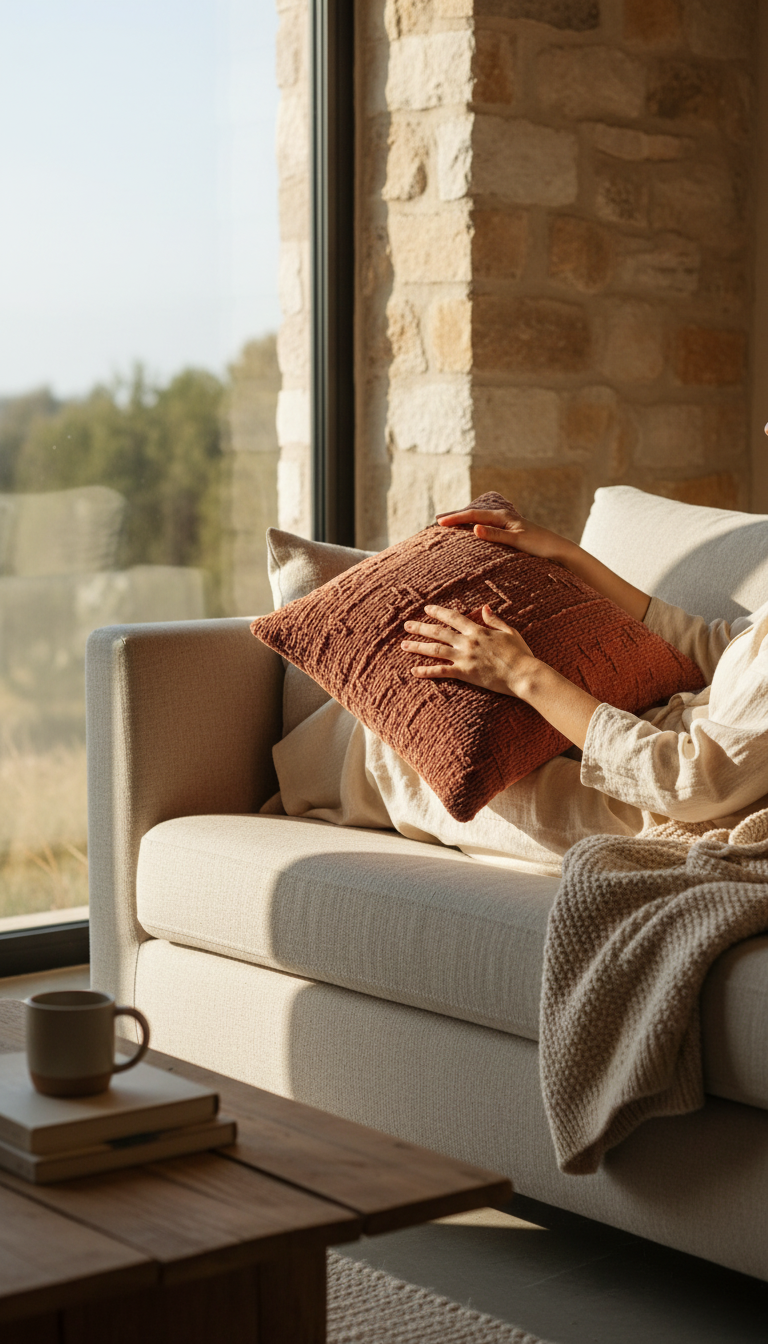 Terracotta throw pillow on a cream sofa beside a sunlit window