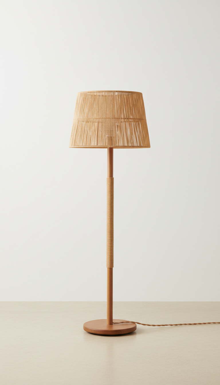 Oak and Rattan Floor Lamp