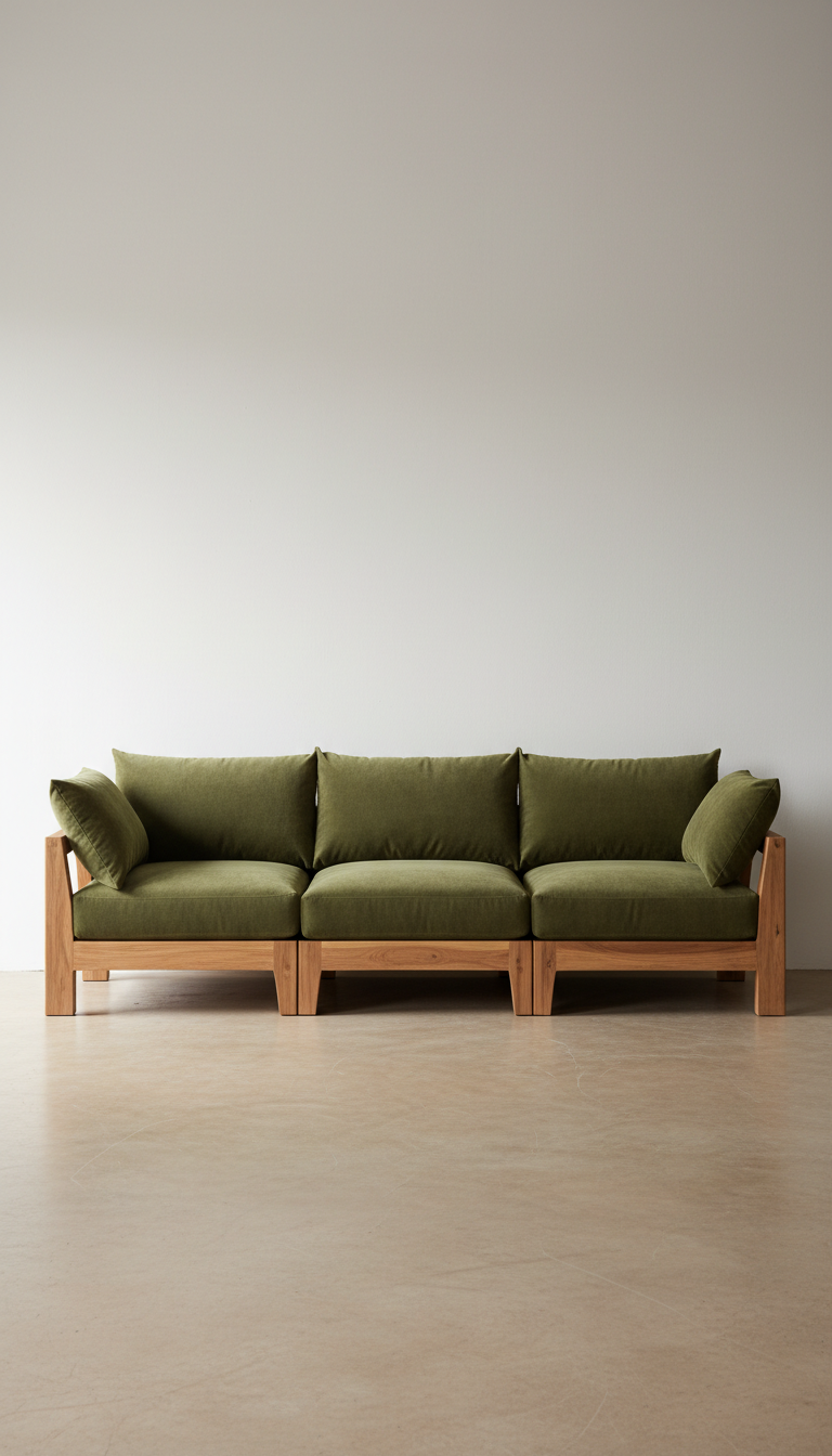 Teak Modular Sofa with Olive Green Cushions