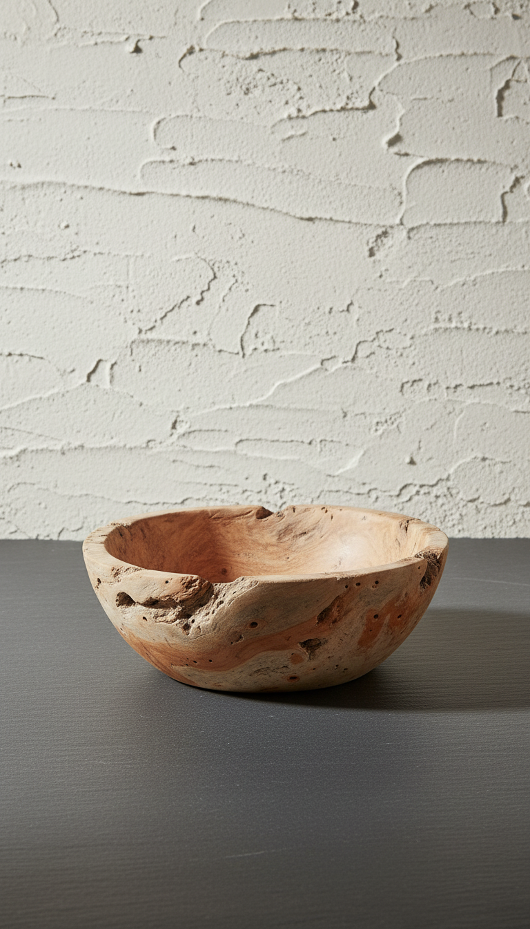 Wooden bowl, styled in a room