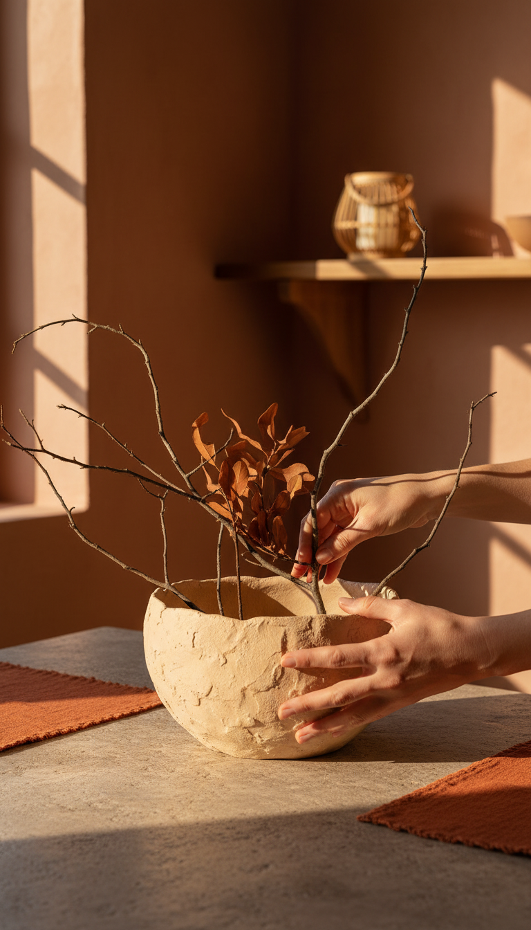 Raw-edge accent bowl holding bare branches on a table