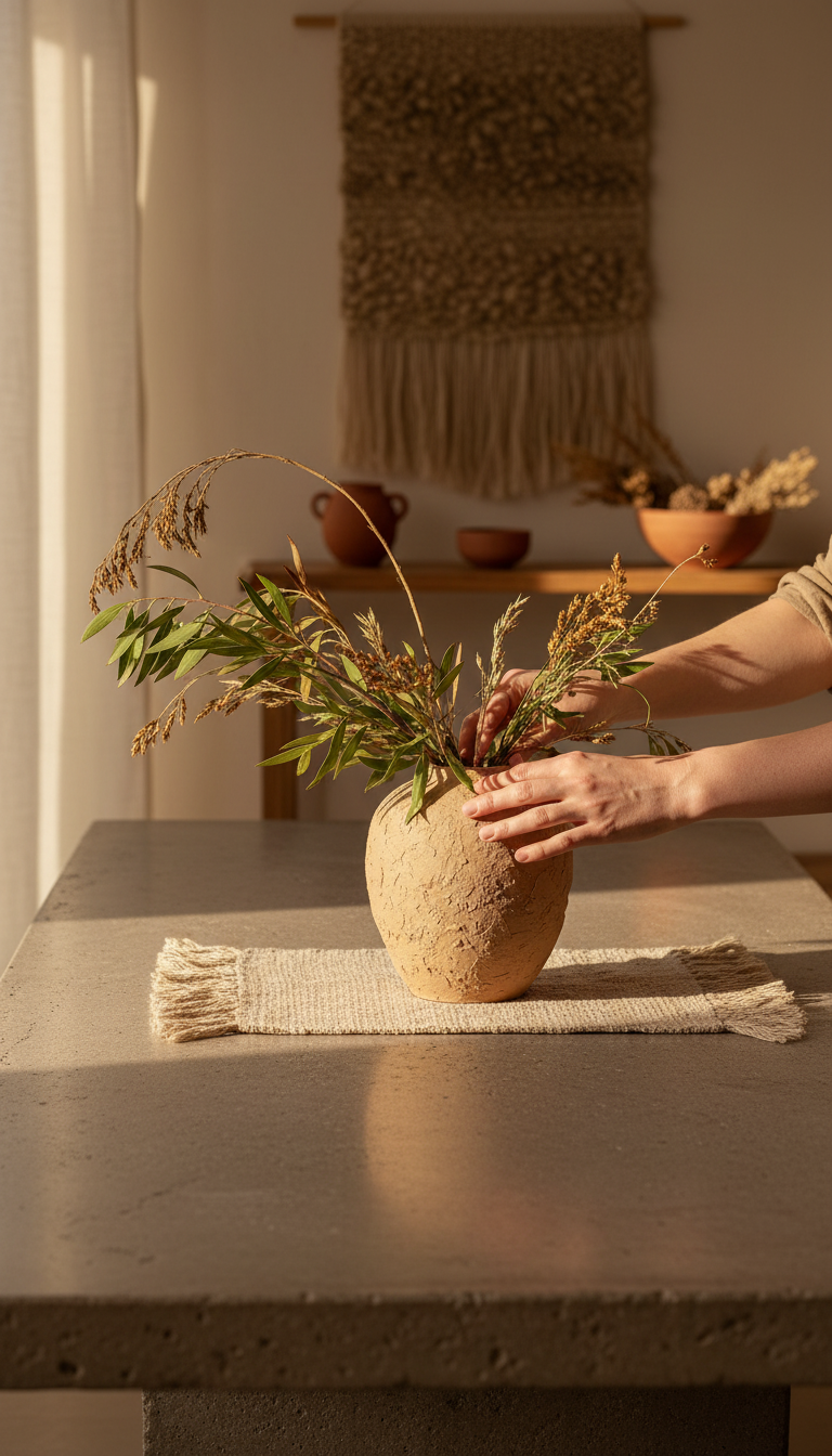 Textured clay vessel filled with wild grasses on a stone table