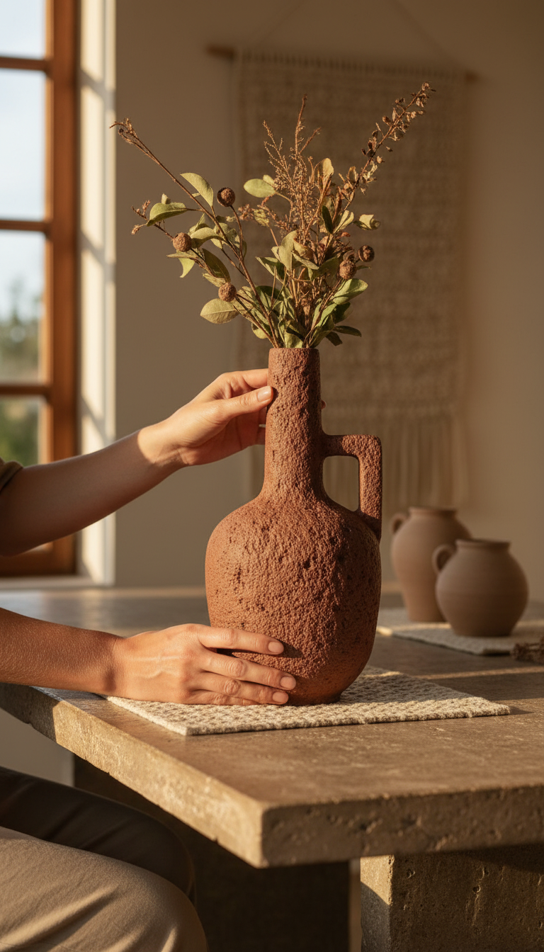 Red stoneware carafe with dried stems on a stone table