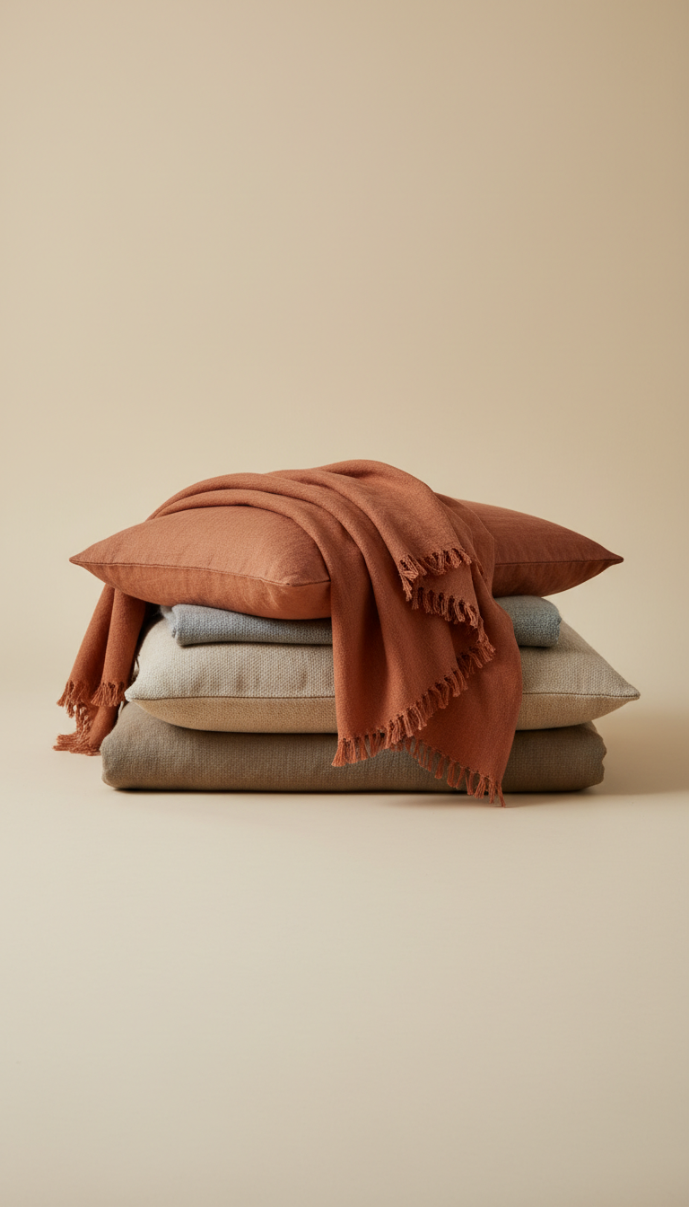 Burnt terracotta linen throw, folded