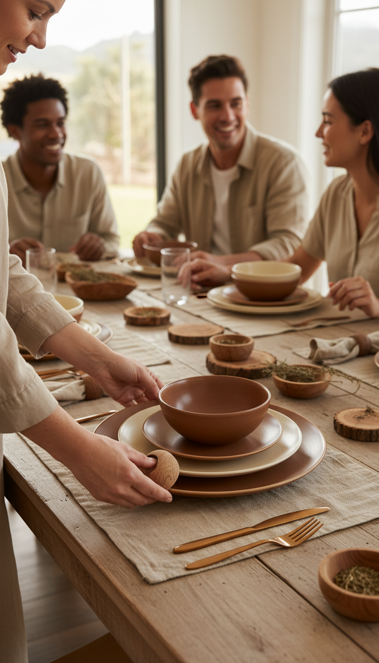 Ivory & Chestnut Stoneware Dinner Set – close-up detail
