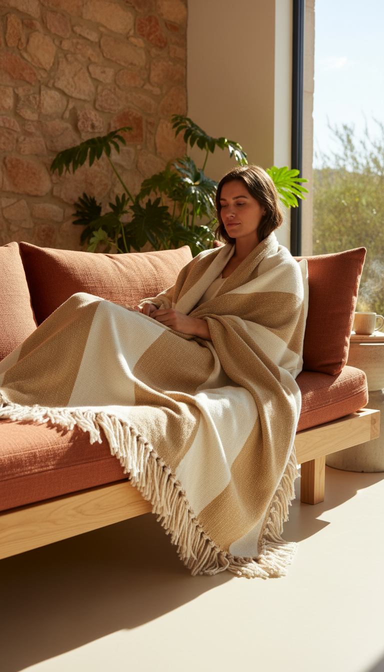 Tan and ivory fringed throw wrapped around a woman on a terracotta sofa