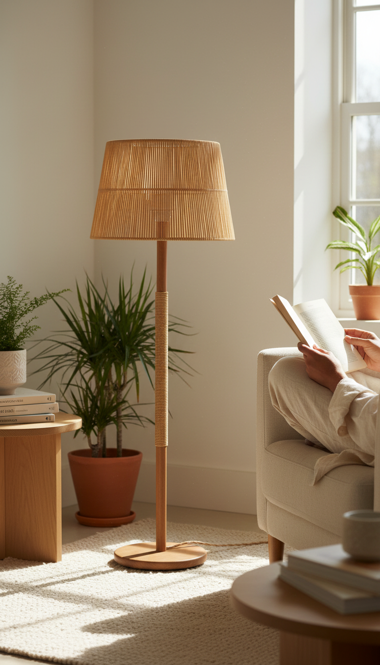 Oak and Rattan Floor Lamp, view 3