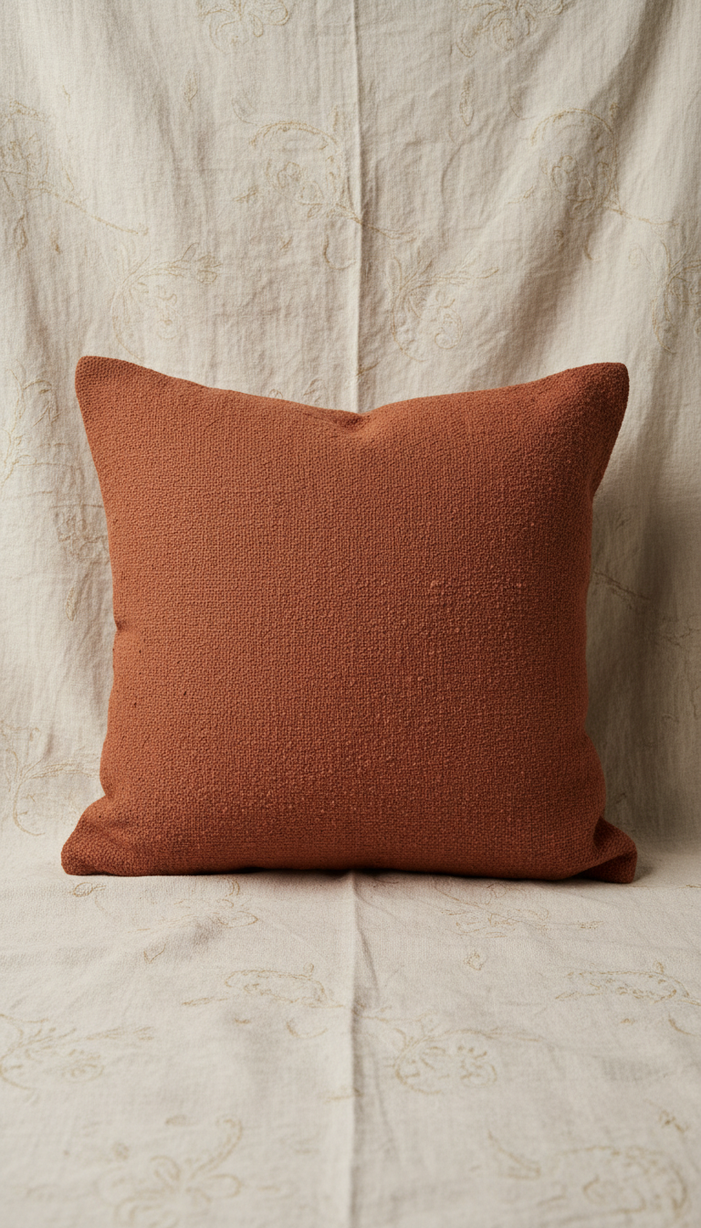 Terracotta clay cushion on a linen backdrop