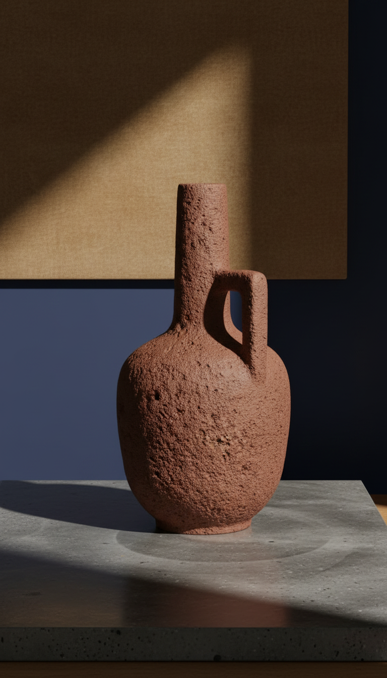 Hand-carved red stoneware carafe, styled in a room