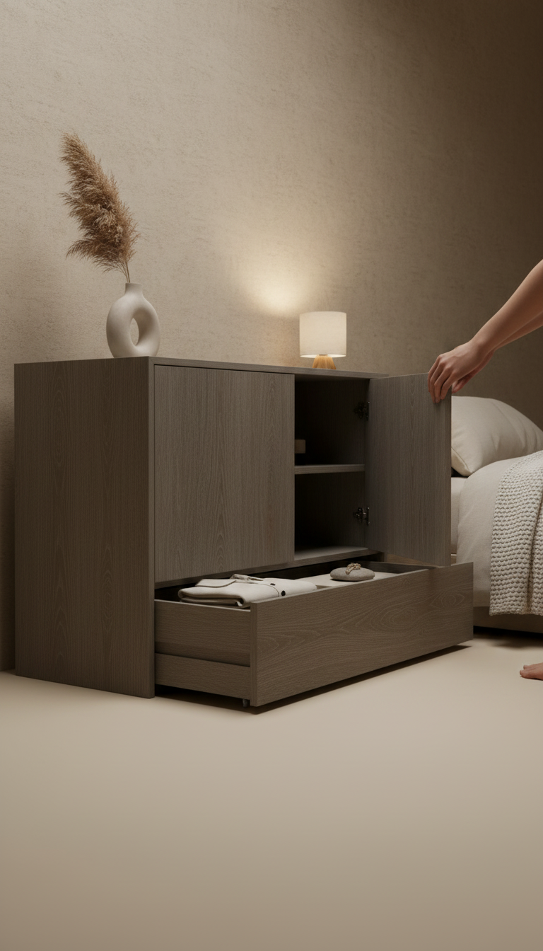 Minimalist Storage Console in Weathered Oak Finish, view 3