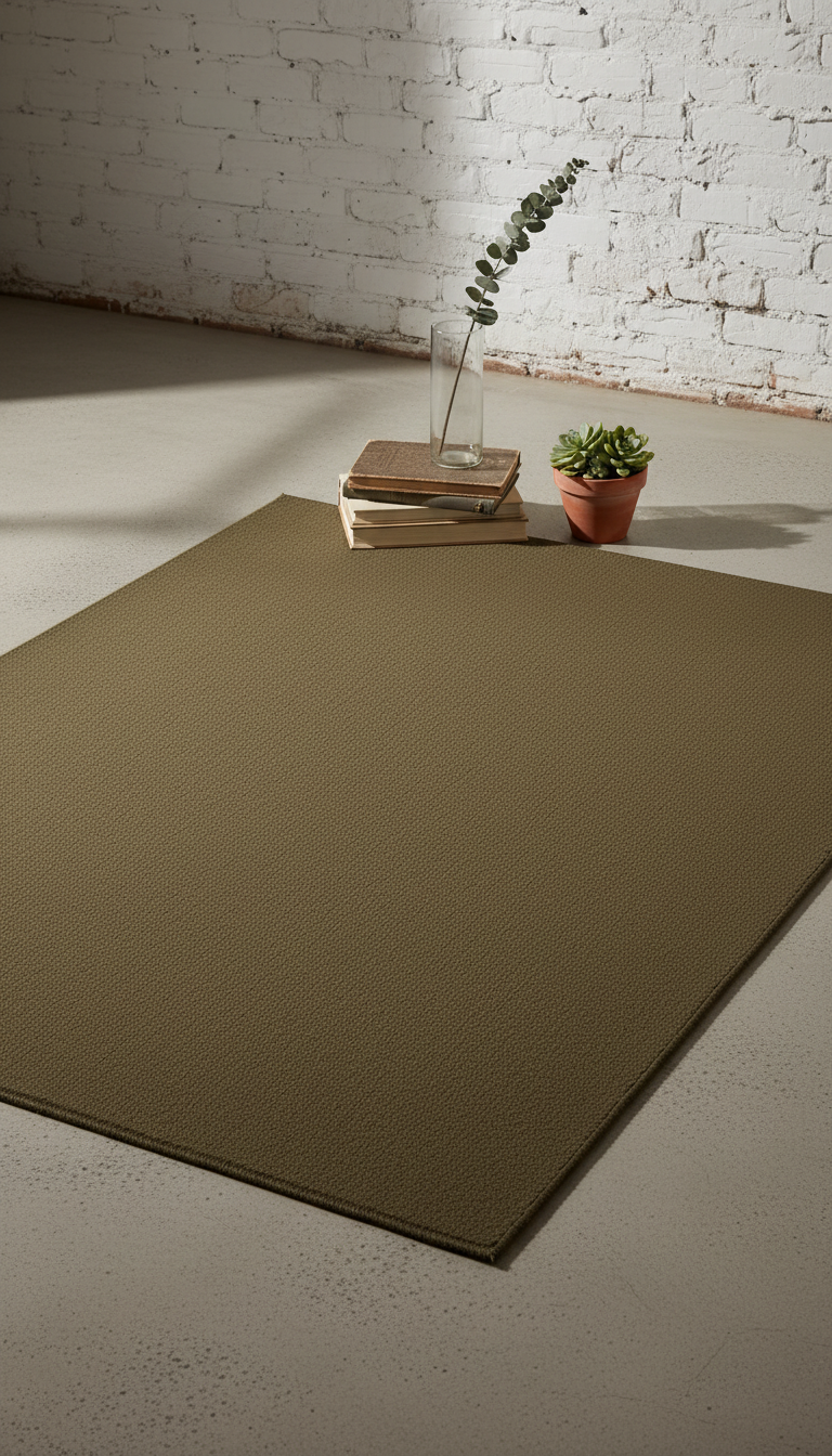 Olive Brown Wool Blend Rug – styled in a room