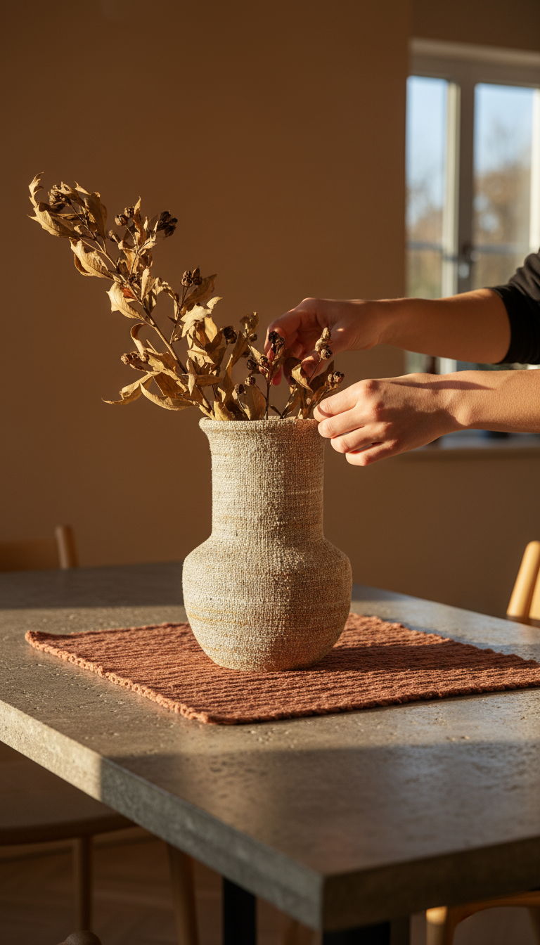 Sculptural vessel holding bare branches on a terracotta-toned table