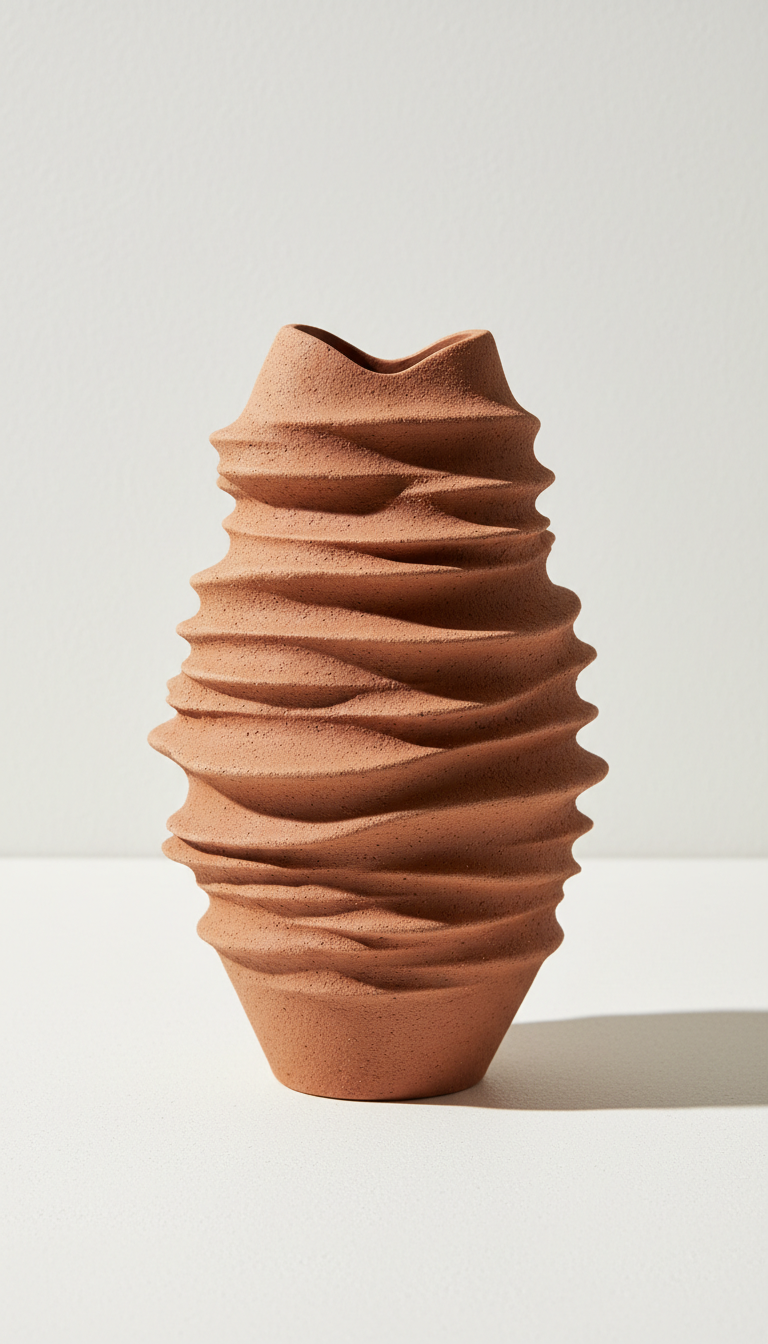 Terracotta sculptural vase with a layered, ridged form