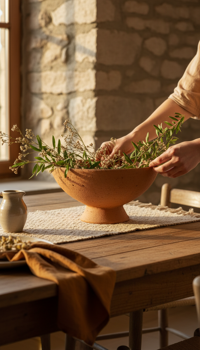 Terracotta serving bowl filled with herbs on a wooden dining table