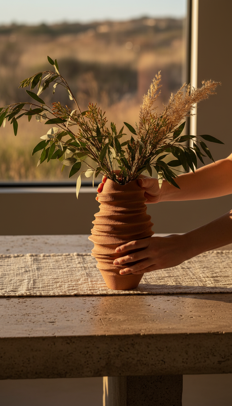 Ridged terracotta vase with dried grasses by a window