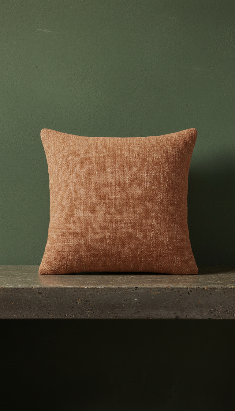 Textured cushion cover in clay, styled in a room