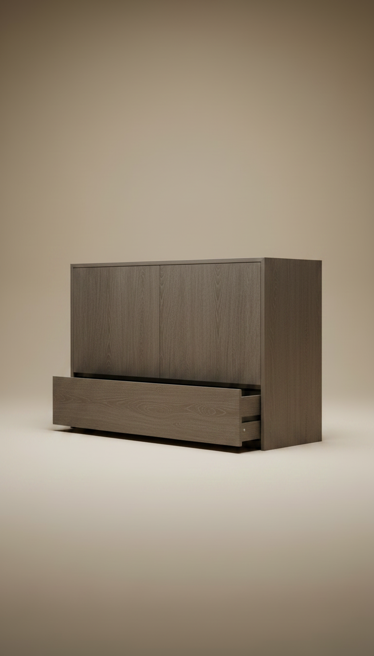 Minimalist Storage Console in Weathered Oak Finish, view 2