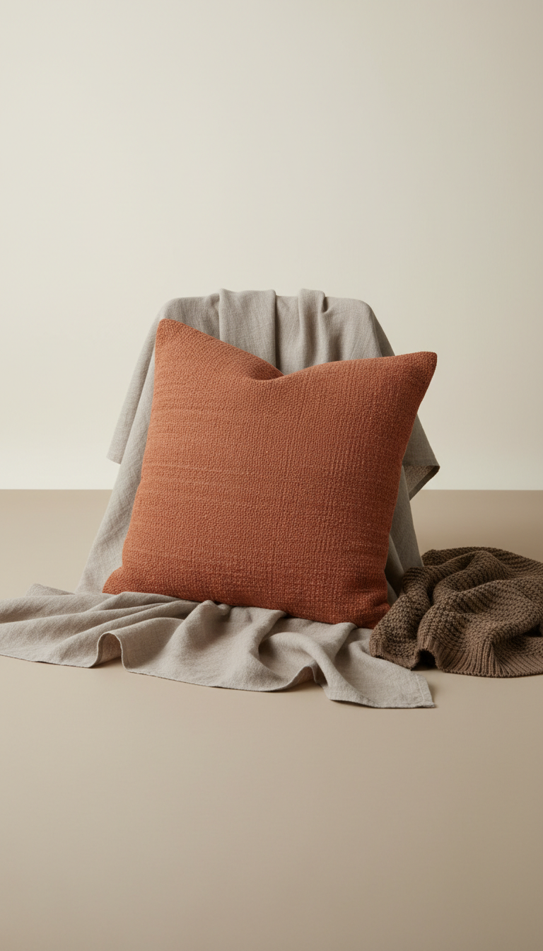 Terracotta throw pillow at a three-quarter angle