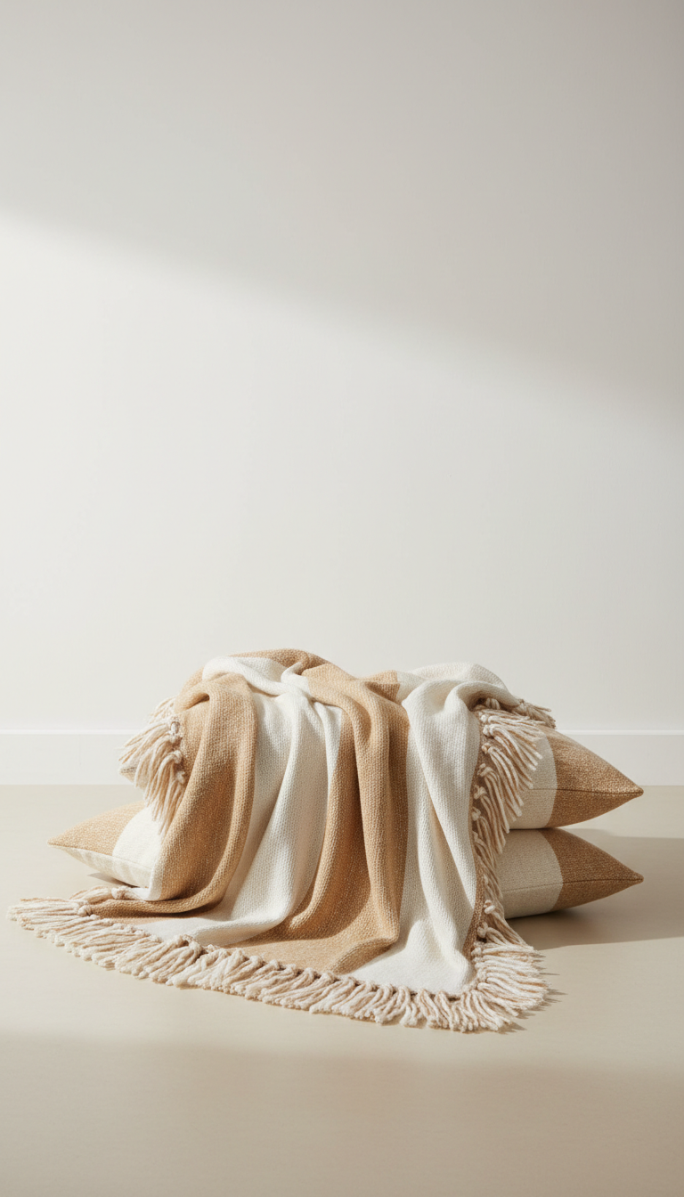 Tan and ivory textured throw blanket folded over cushions
