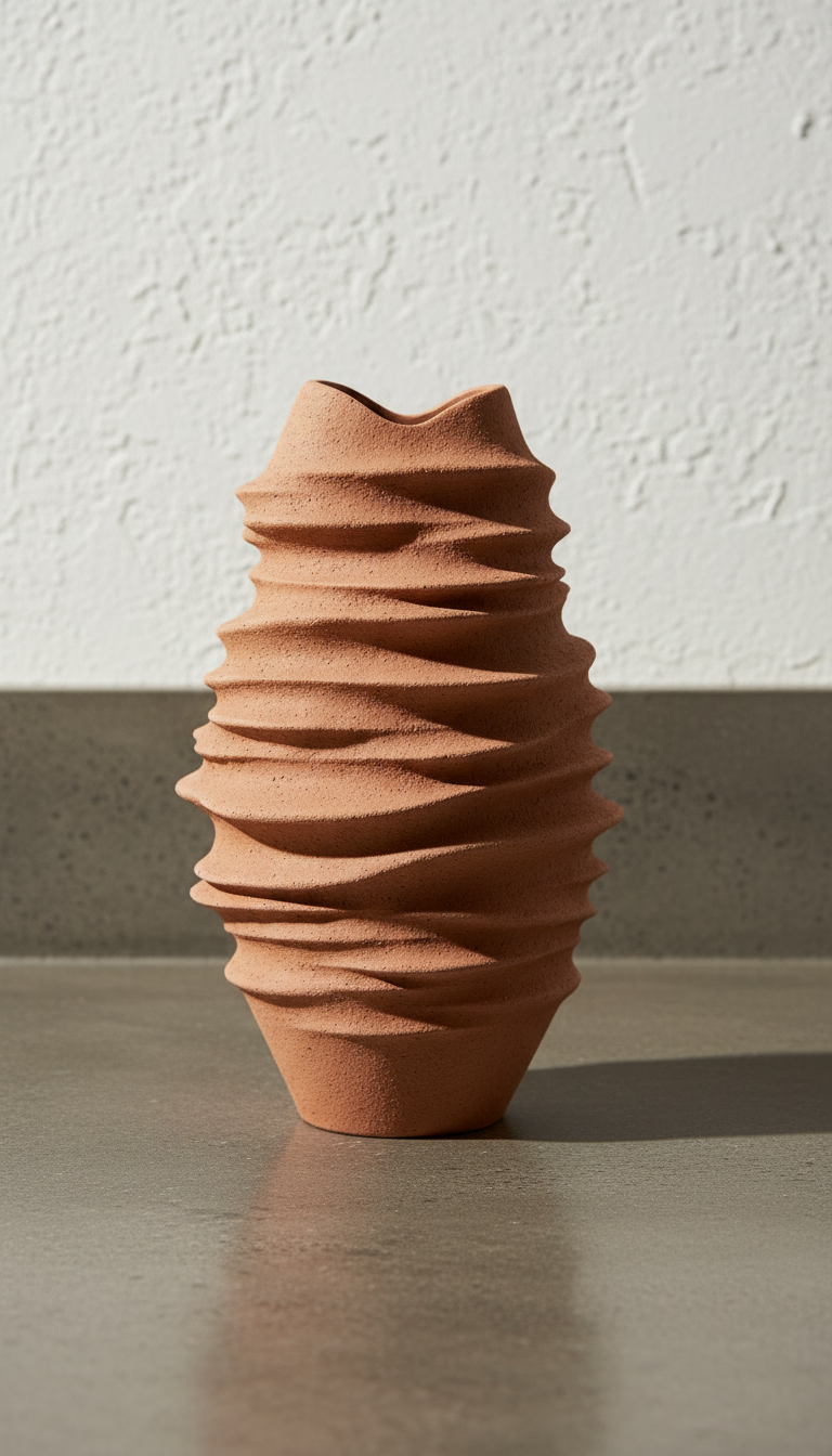 Terracotta sculptural vase, styled in a room