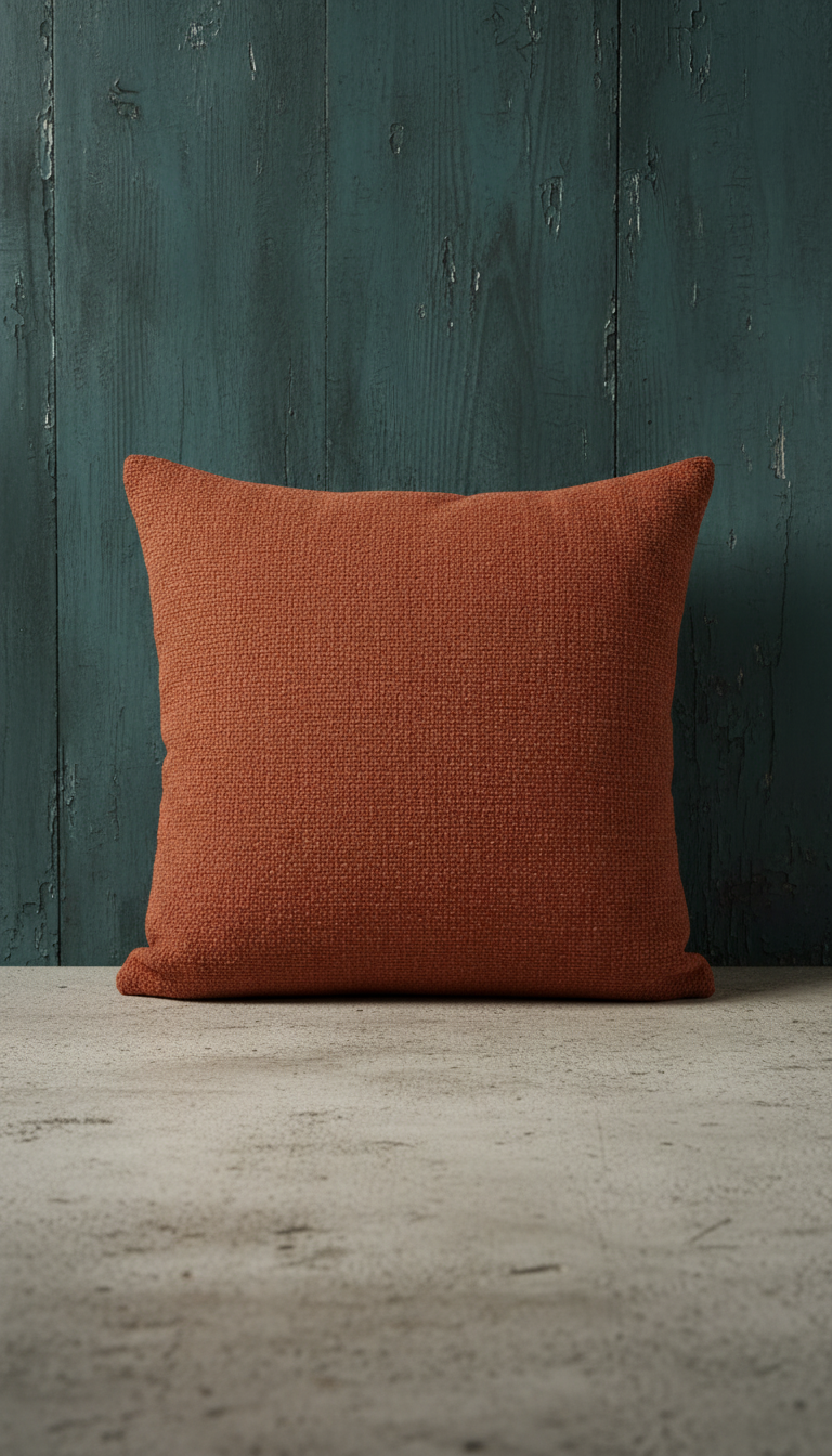 Terracotta throw pillow, styled in a room
